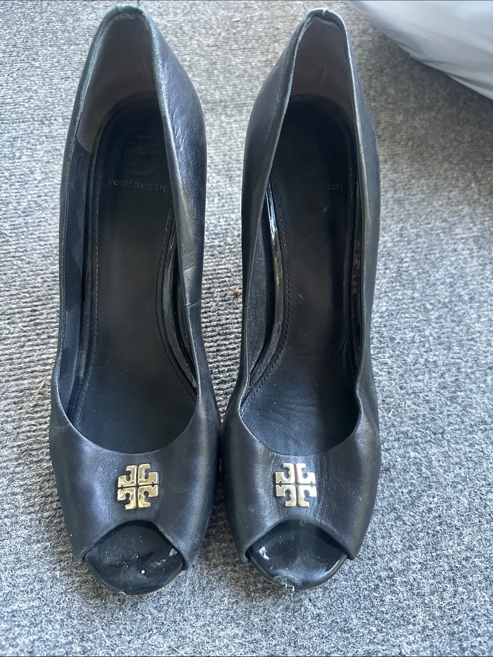 Tory Burch Black Leather Peep-Toe Heels with Gold Logo